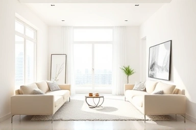Bright and spacious minimalist living room with strategic mirror placement.